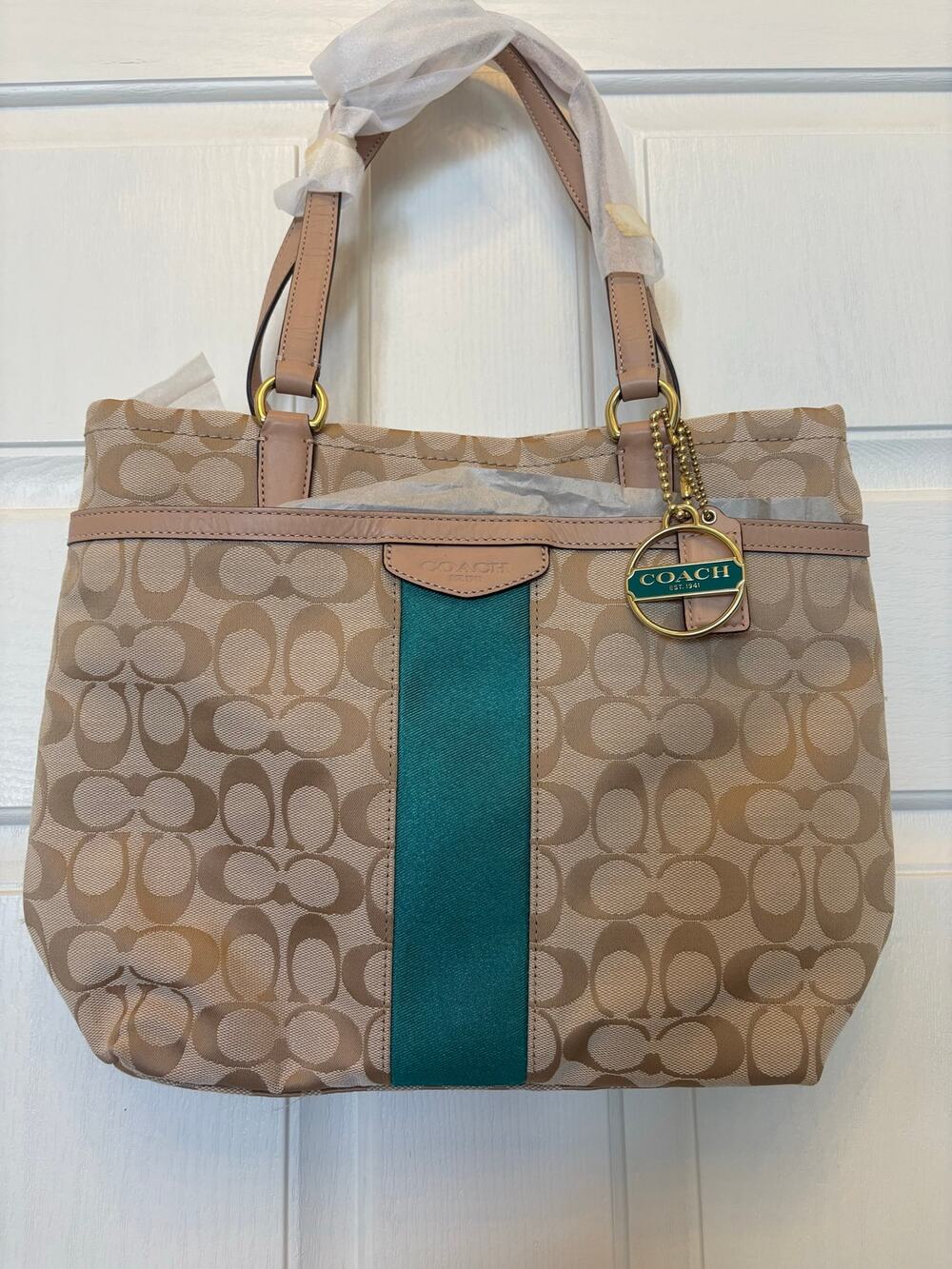 NWT Vtg. Coach C Tan w/ Emerald Stipe canvas leather trim
